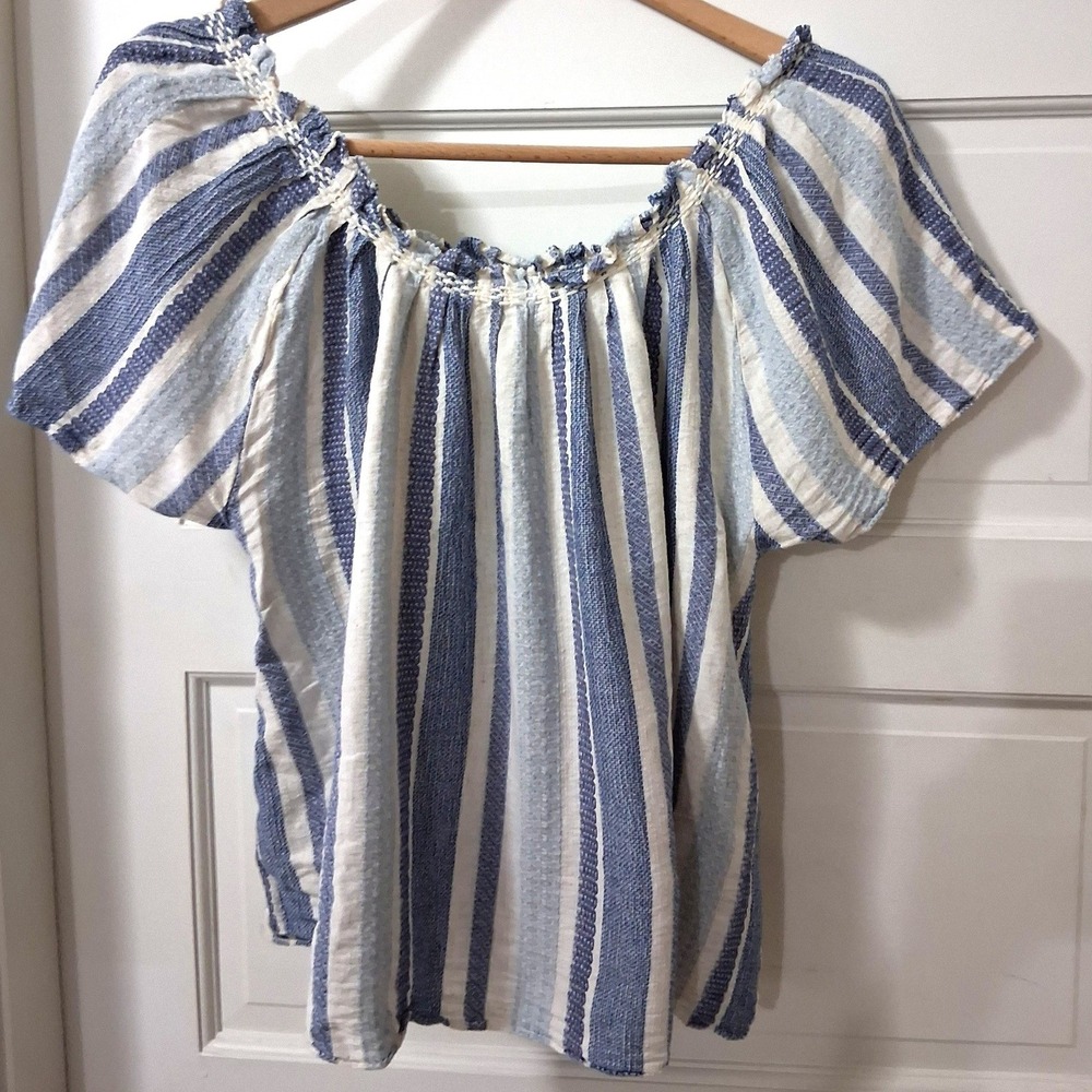 Faherty Annabelle Blue White Striped Peasant Top Short Flutter Sleeve Small - Picture 2 of 11